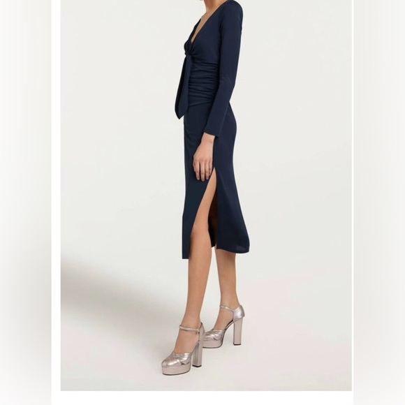 Cinq à Sept Brenna Knot-Tie‎ Gathered Crepe Midi Dress Peacock Blue Sz 8 and 6 - Picture 5 of 8